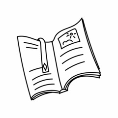Open book, hand-drawn in sketch style. Reading. A book with pictures and a bookmark. Simple vector illustration.