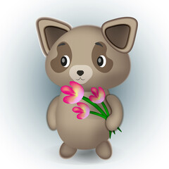 Vector 3d illustration, cute dog is holding flowers. Kawaii kind cartoon animal. Suitable for cards, baby products, children's books, goods.