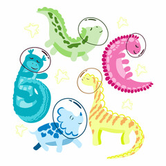 Set of cute dinosaur astronauts. Vector in cartoon style. Dinosaurs in space. Multicolored animals with stars on white background.
