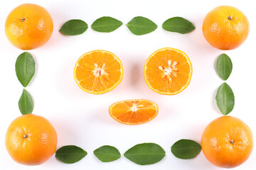 Flat lay decoration of fresh Orange slice fruits isolated over white background shoot photography in High angle view
