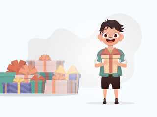 A smiling preschool boy stands and holds a gift box in his hands. New Year. Cartoon style.