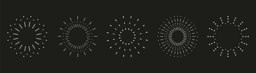 Sunburst set. Vintage sunrise collection. Vector light rays elements on black background. Vector Illustration 