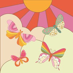 Retro daisies with butterflies and sparkles. Summer simple minimalist flowers.