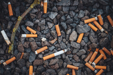 Cigarette butts on the floor in the city