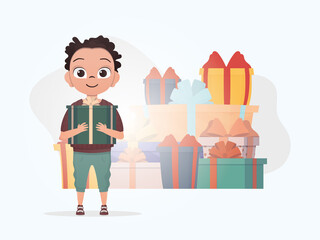 A little boy is holding a box with a bow in his hands. Christmas. Cartoon style.