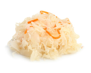 Tasty sauerkraut with carrot on white background