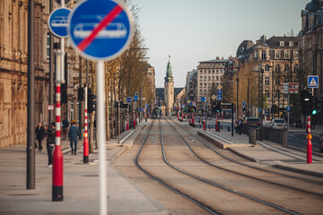 Luxembourg/April 2022: the modern tram line in the city - obrazy, fototapety, plakaty