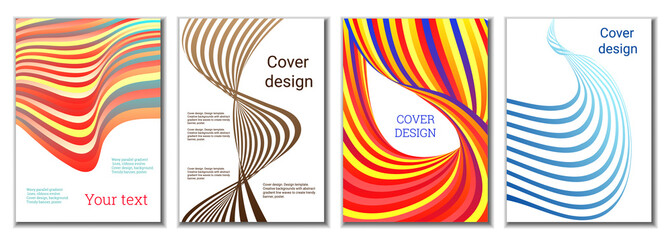 A set of 4 abstract covers. Wavy parallel gradient lines, ribbons evolve. Cover design, background. Trendy banner, poster.