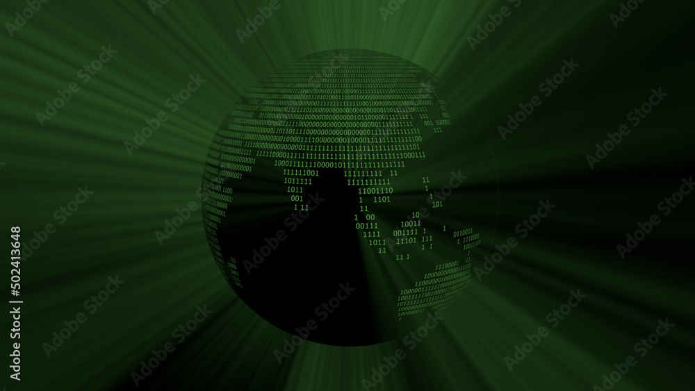 Poster illustration of glowing dark globe with binary codes