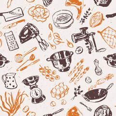 Kitchen utensils background, cookbook seamless pattern, culinary tools and supplies, illustration for recipe book backgrounds, cards, posters, banners, textile prints, web design