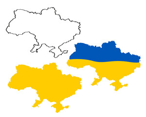 Map of Ukraine outline and yellow-blue variant, outline of Ukraine in flag colors