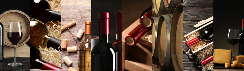 Beautiful collage with different photos of wine. Banner design - obrazy, fototapety, plakaty