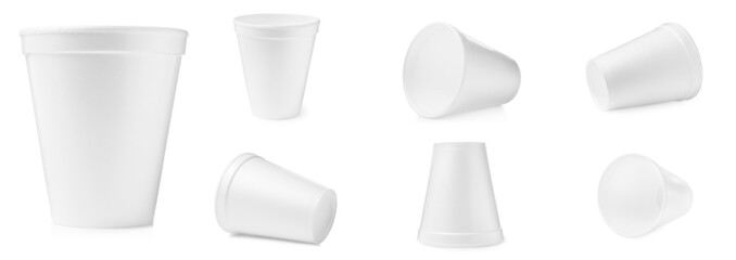 Set with styrofoam cups on white background. Banner design