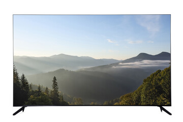 Modern wide screen TV monitor showing beautiful mountain landscape isolated on white