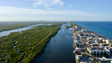 Aerial view of Hollywood Beach on the coast of the sea on a sunny day in Florida