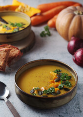 Bowls served with seasonal pumpkin soup