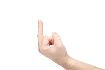 Man hand raise middle finger isolated on white background. Brutal man's palm showing middle finger gesture. Finger gestures. Copy space