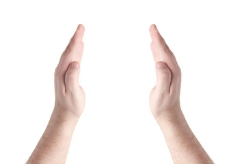 Two opened male hand isolated on white background. Brutal man's palms rised up and hold something. Finger gestures.