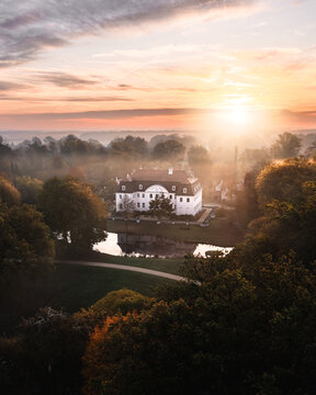 Aerial view of a castle in Branitz Park, Cottbus, Germany