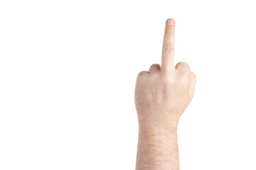 Man hand raise middle finger isolated on white background. Brutal man's palm showing middle finger gesture. Finger gestures. Copy space