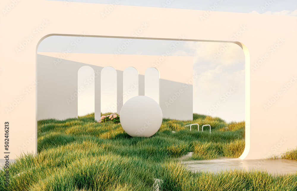 Poster abstract spring summer landscape scene with geometric form. lake and flower view. 3d rendering.