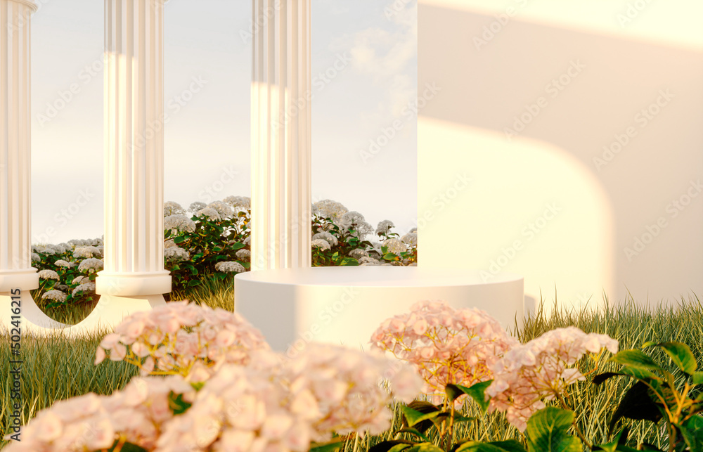 Poster abstract spring summer landscape scene with geometric form. lake and flower view. 3d rendering.