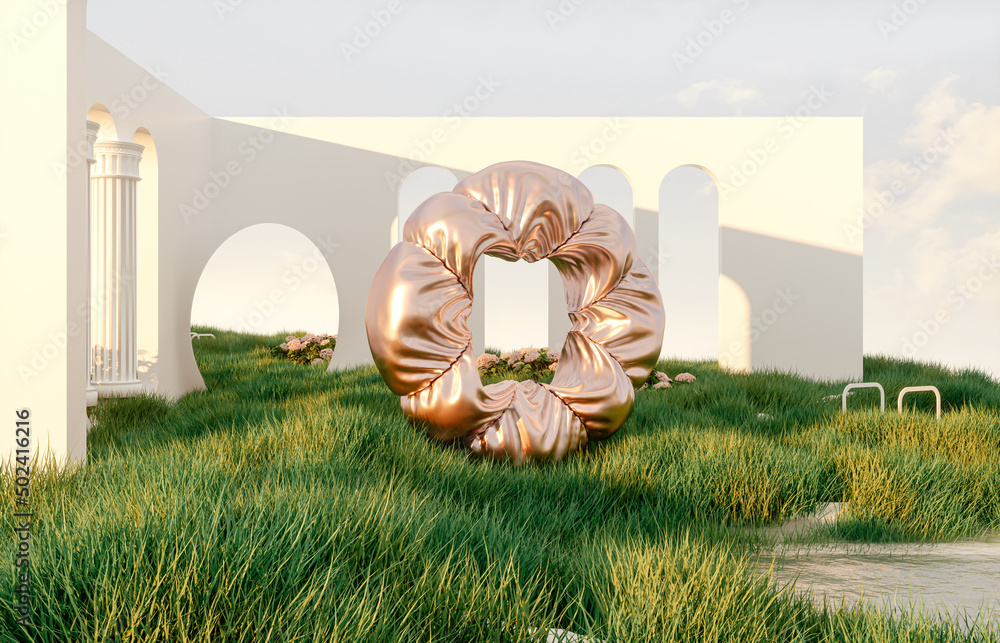 Fototapete Abstract spring summer landscape scene with geometric form. lake and flower view. 3d rendering.