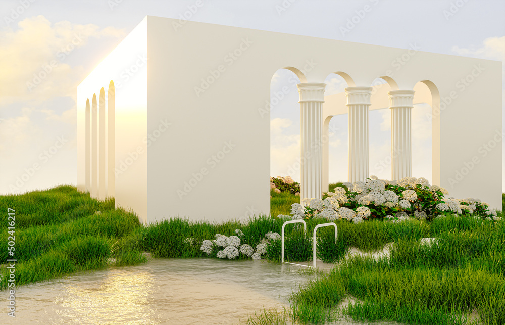 Poster abstract spring summer landscape scene with geometric form. lake and flower view. 3d rendering.