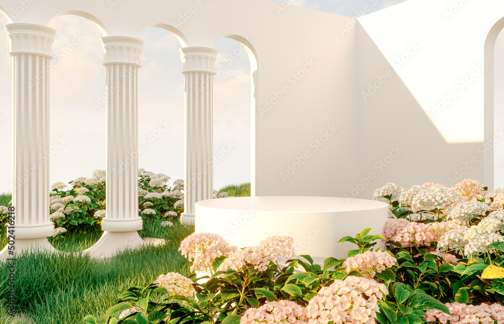 Poster abstract spring summer landscape scene with geometric form. lake and flower view. 3d rendering.