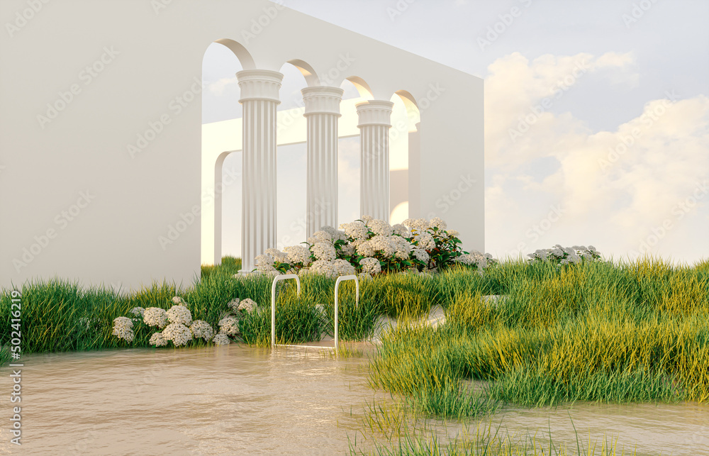 Poster abstract spring summer landscape scene with geometric form. lake and flower view. 3d rendering.