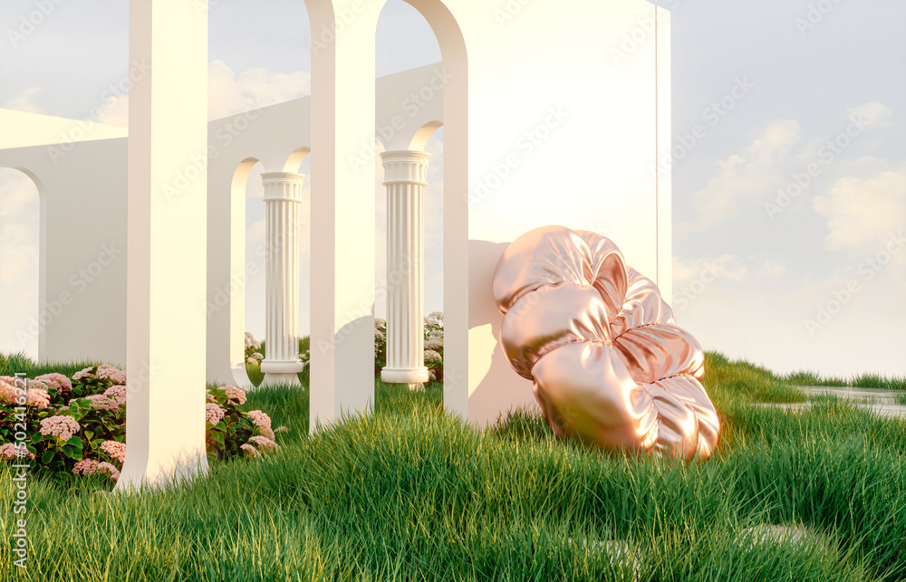 Fototapete abstract spring summer landscape scene with geometric form. lake and flower view. 3d rendering.