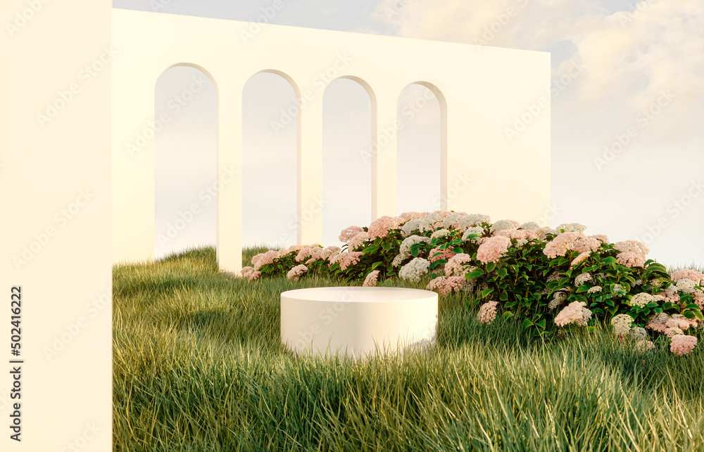 Poster abstract spring summer landscape scene with geometric form. lake and flower view. 3d rendering.