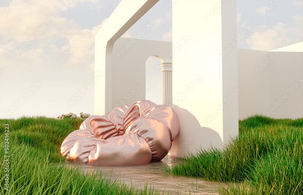 Poster abstract spring summer landscape scene with geometric form. lake and flower view. 3d rendering.