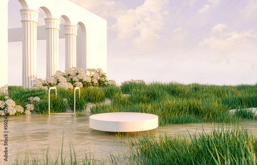 Poster Abstract spring summer landscape scene with geometric form. lake and flower view. 3d rendering.
