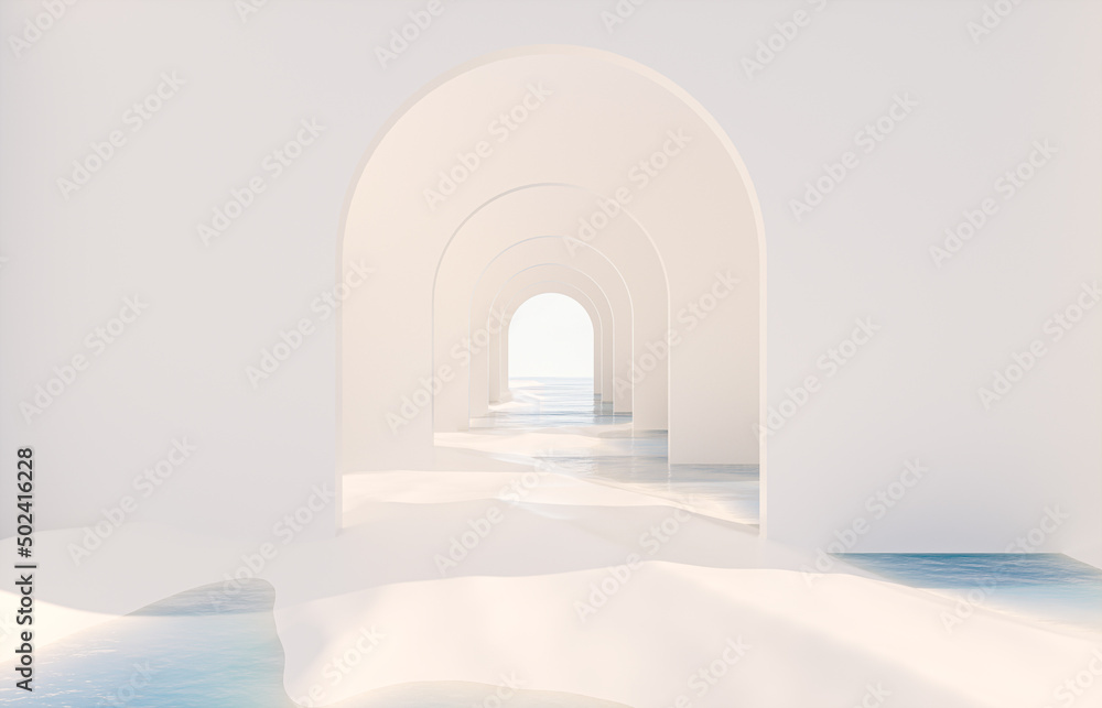 Poster abstract summer landscape scene with geometric form. ocean beach view. 3d rendering.