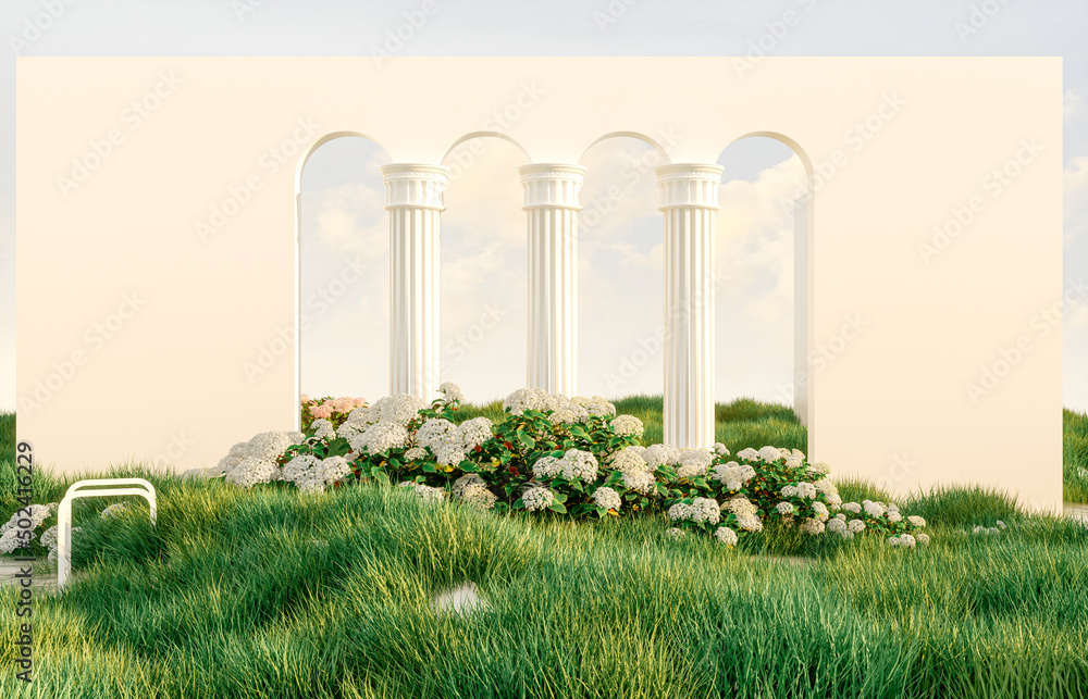 Aufkleber abstract spring summer landscape scene with geometric form. lake and flower view. 3d rendering.