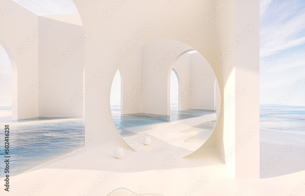 Poster abstract summer landscape scene with geometric form. ocean beach view. 3d rendering.