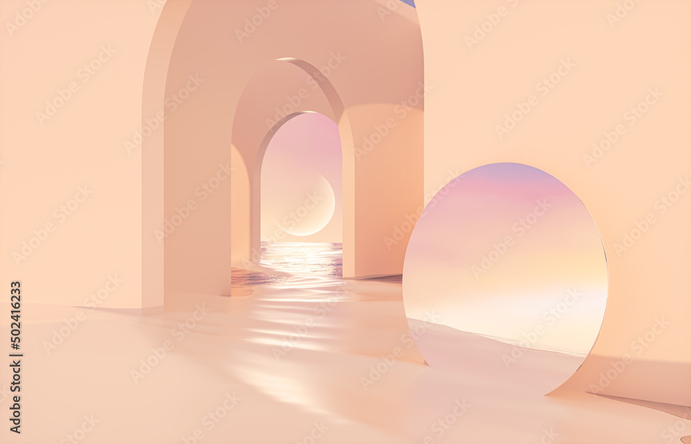 Leinwandbilder abstract summer landscape scene with geometric form. ocean beach view. 3d rendering.