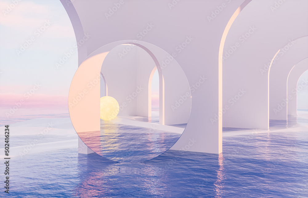 Leinwandbilder abstract summer landscape scene with geometric form. ocean beach view. 3d rendering.