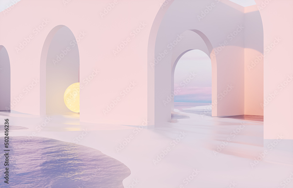 Aufkleber abstract summer landscape scene with geometric form. ocean beach view. 3d rendering.