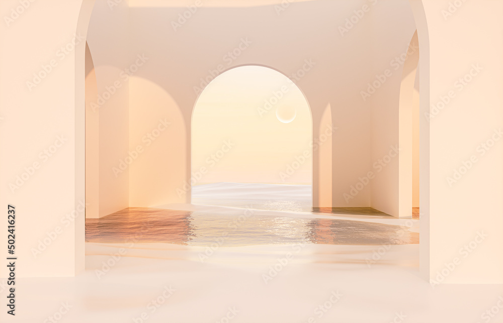 Poster Abstract summer landscape scene with geometric form. ocean beach view. 3d rendering.