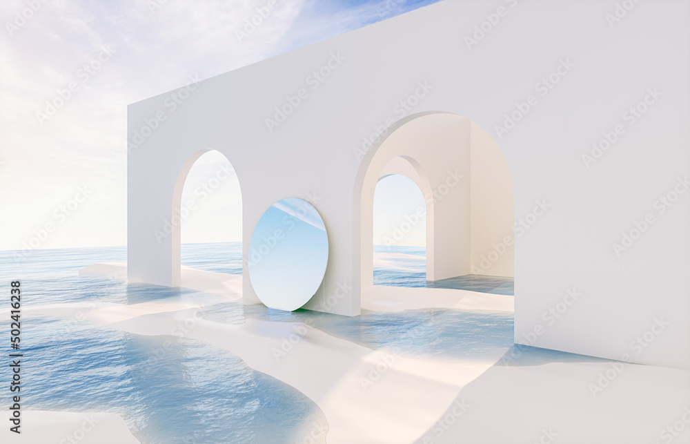 Poster abstract summer landscape scene with geometric form. ocean beach view. 3d rendering.