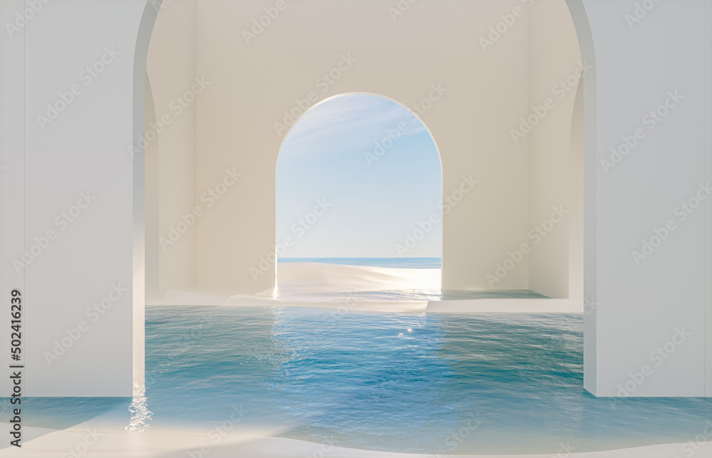 Poster abstract summer landscape scene with geometric form. ocean beach view. 3d rendering.