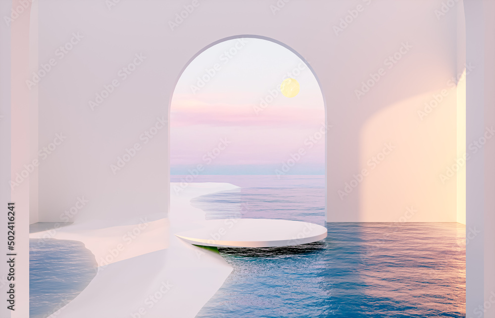 Aufkleber abstract summer landscape scene with geometric form. ocean beach view. 3d rendering.