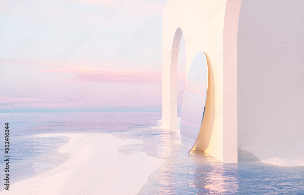 Leinwandbilder abstract summer landscape scene with geometric form. ocean beach view. 3d rendering.