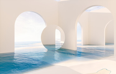 Abstract summer landscape scene with geometric form. ocean beach view. 3d rendering.