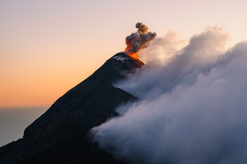 Beautiful view of the eruption of Volcano Acatenango in Guatemala, Central America