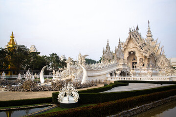Aerial view of Wat Rong Khun, the white temple, at sunrise, in Chiang Rai, Thailand