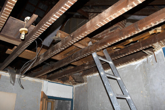 House Renovation Stripped Ceiling showing beams and roof