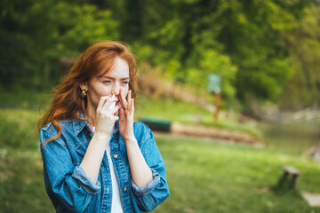 A Woman of Caucasian Ethnicity is Using Nasal Spray Due to the Problems with Nose and Breathing in...